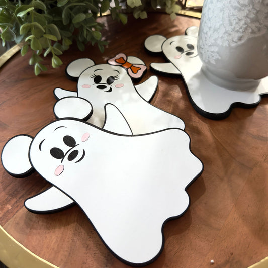 Mr. and Mrs. Mouse Ghost Wooden Coasters